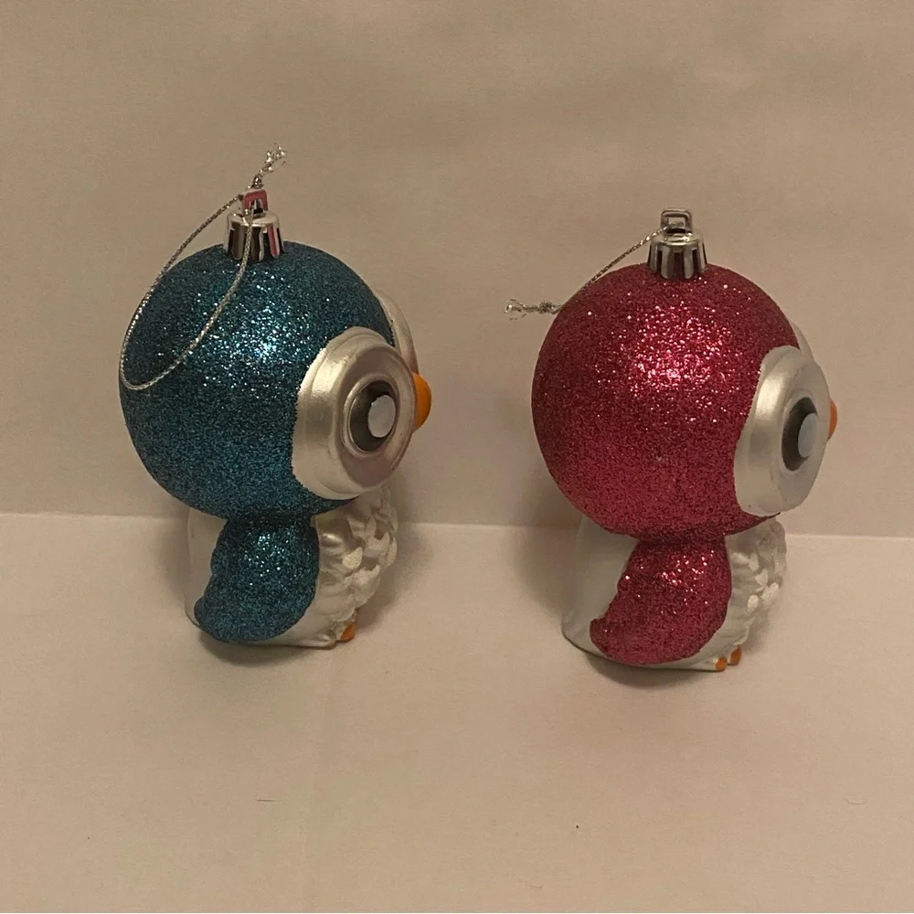 Blue & Pink Glitter Owl Ornament Duo - Glitter Holiday Decorations